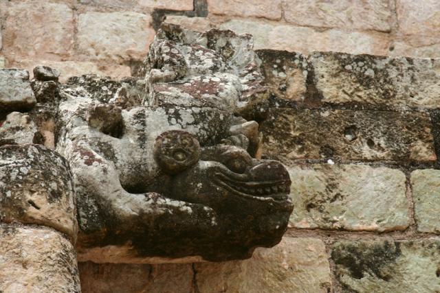 Detail of an animalistic head or mask on the walls of one of the temples at Copán.