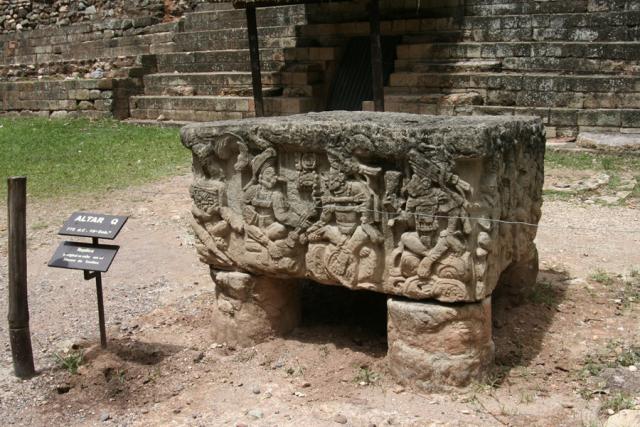Altar Q, depicting the 16 kings of Copán. Here Ruler 1, Yax Kuk Mo’, passes the emblem of office to the last king, Yax Pasah. 