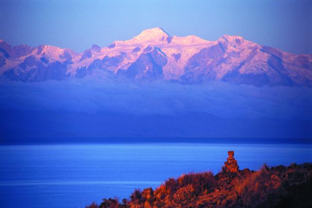 Lake Titicaca, the Island of the Moon and the holy mountains of Ancohuma and Illampu, Bolivia